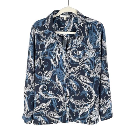 90s Vintage Notations Blue Paisley Button Up Long Sleeve Blouse Top Size PXL - Picture 1 of 8